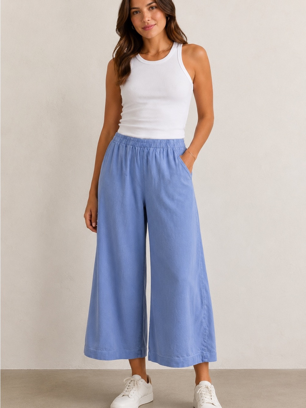 Z Supply Blue Wide Leg Cropped Pants Size M Elastic Waist 100% Cotton